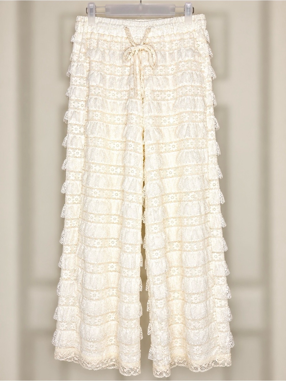 POL Cream Lace Ruffle 2 Piece Top Wide Leg Pants Boho Set M - Picture 8 of 12